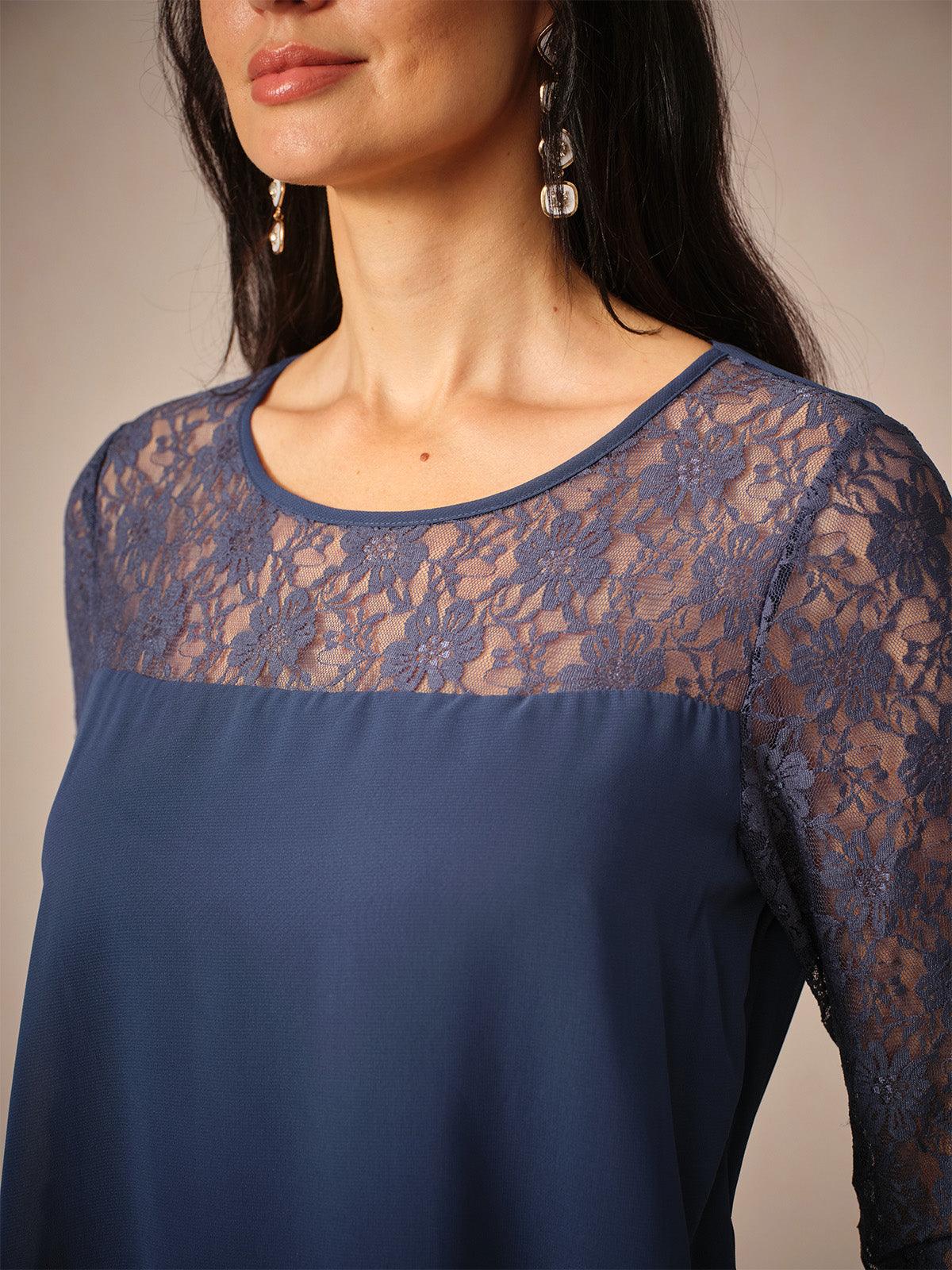 Lace Tiered Chiffon 3/4 Length Sleeve Dress