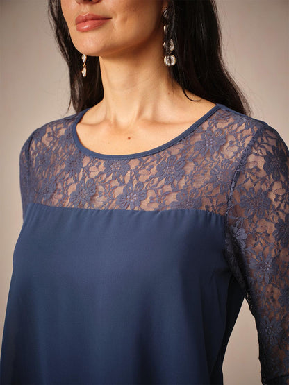Lace Tiered Chiffon 3/4 Length Sleeve Dress