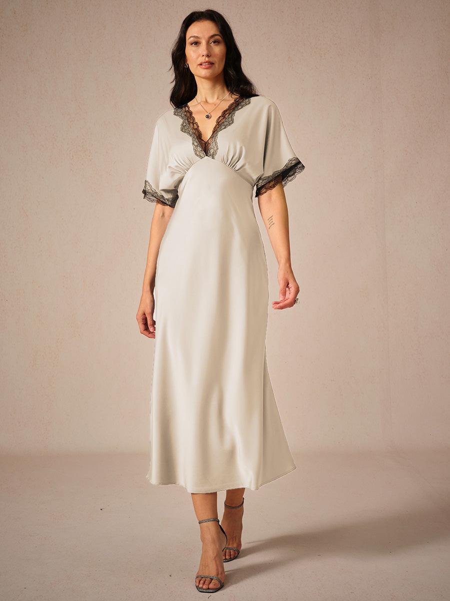 Olivgrünes Kleid mit V-Ausschnitt und Satin-Spitzenbesatz