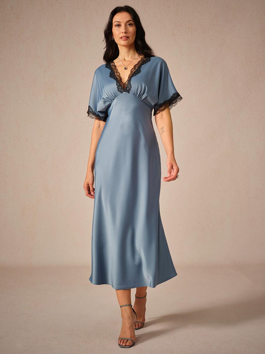 Olivgrünes Kleid mit V-Ausschnitt und Satin-Spitzenbesatz