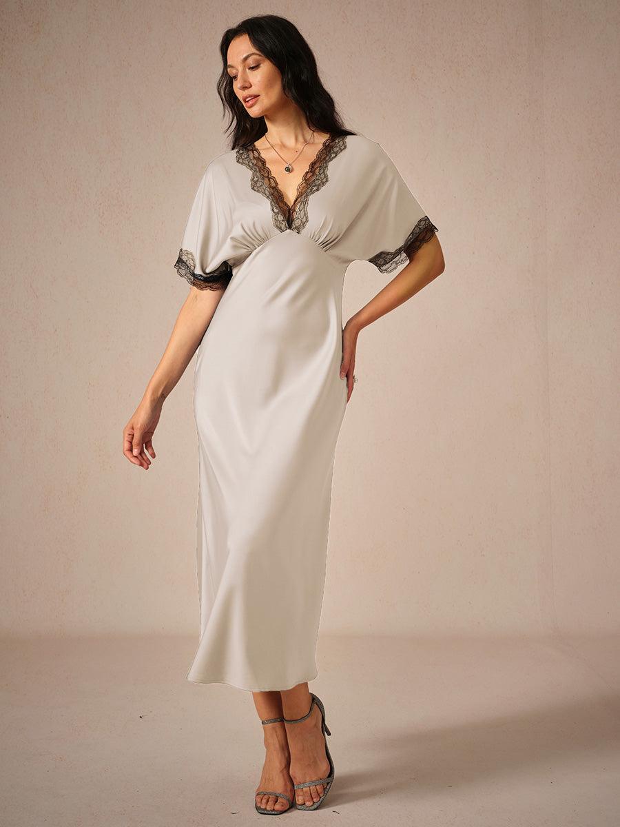 Olivgrünes Kleid mit V-Ausschnitt und Satin-Spitzenbesatz