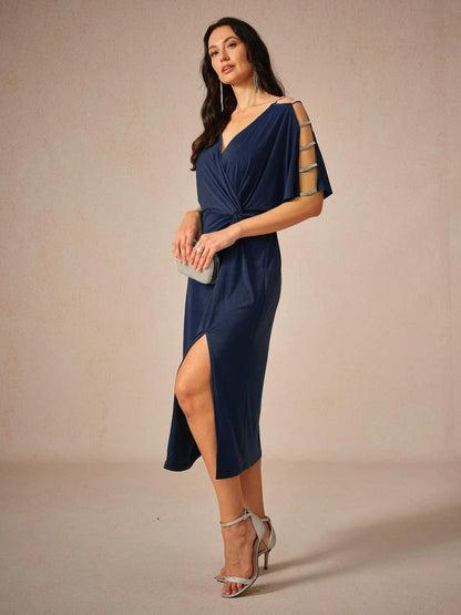 Stretch Knot Front Dress with Front Slit & Embellished Sleeve Cutouts