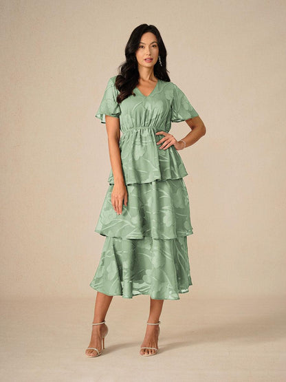 Lace V Neck Ruffle Layered Flutter Dress