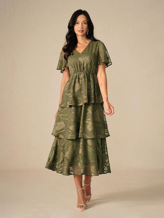 Lace V Neck Ruffle Layered  Flutter Dress