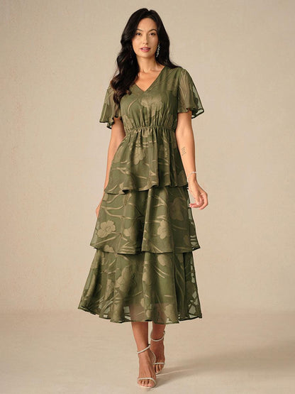 Lace V Neck Ruffle Layered Flutter Dress
