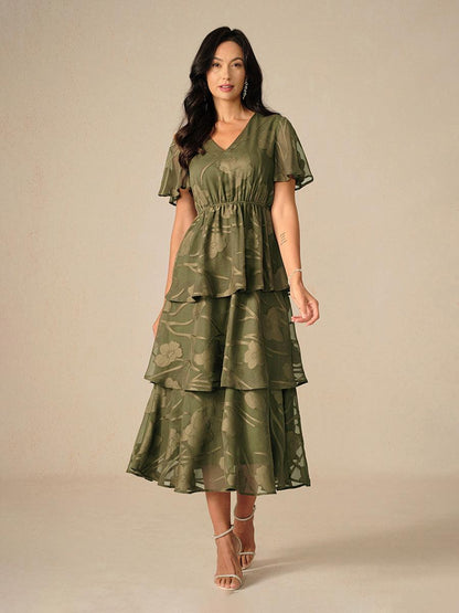 Lace V Neck Ruffle Layered Flutter Dress