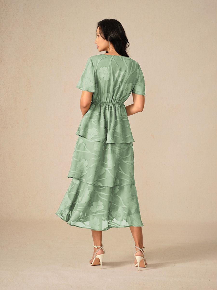Lace V Neck Ruffle Layered Flutter Dress
