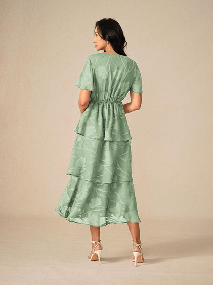 Lace V Neck Ruffle Layered Flutter Dress