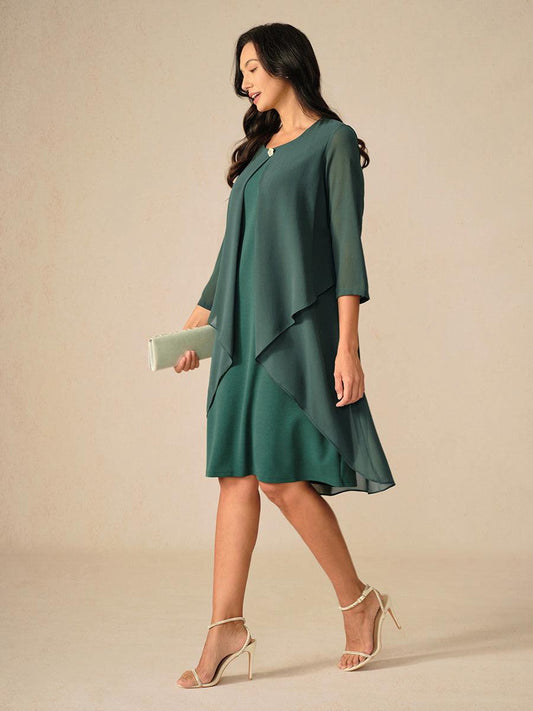 Green Layered Cape Sleeve Chiffon Dress