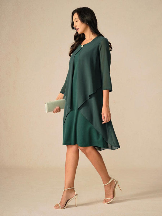 Green Layered Cape Sleeve Chiffon Dress