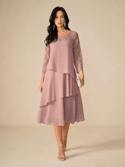 Chiffonkleid mit Spitzenverzierung und 3/4-Ärmeln