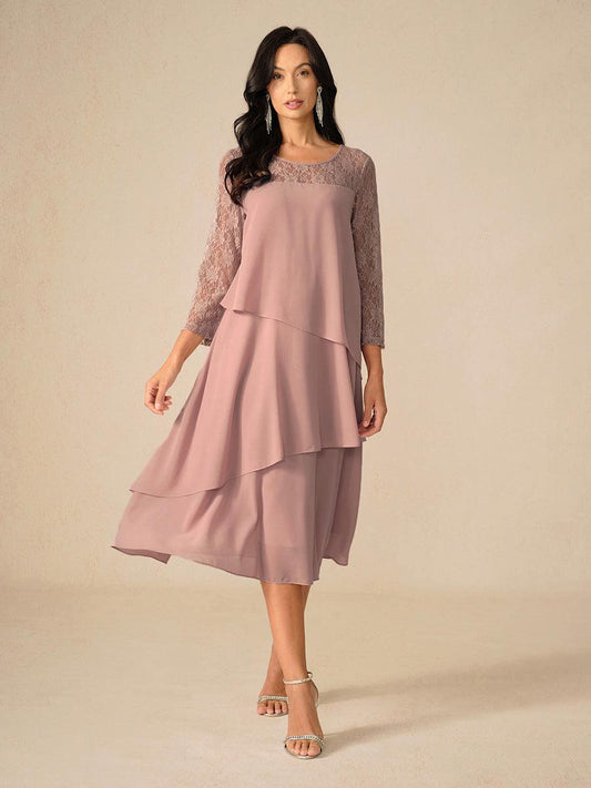 Lace Tiered Chiffon 3/4 Length Sleeve Dress