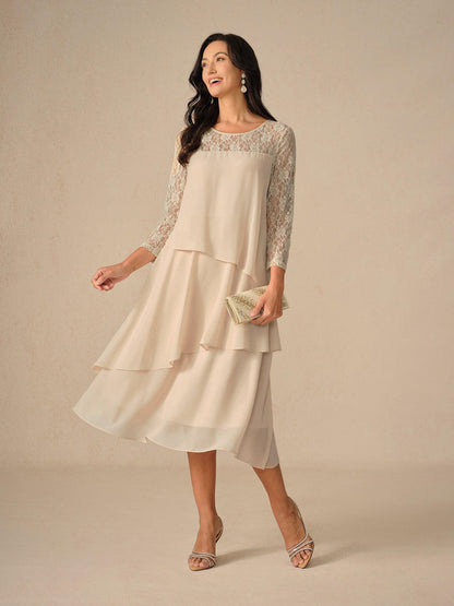 Chiffonkleid mit Spitzenverzierung und 3/4-Ärmeln