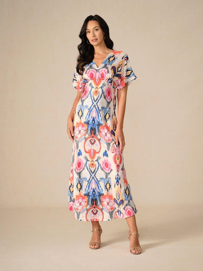 Maxikleid aus Satin mit Batikmuster und Marmor-Print