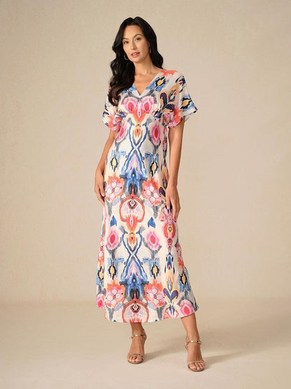 Maxikleid aus Satin mit Batikmuster und Marmor-Print