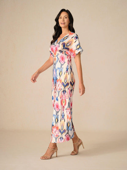 Maxikleid aus Satin mit Batikmuster und Marmor-Print