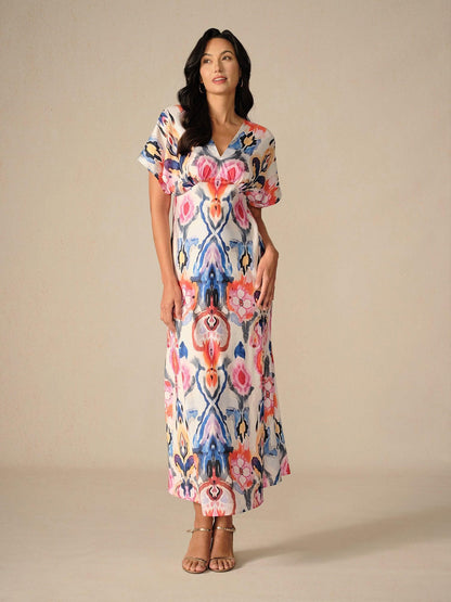 Maxikleid aus Satin mit Batikmuster und Marmor-Print