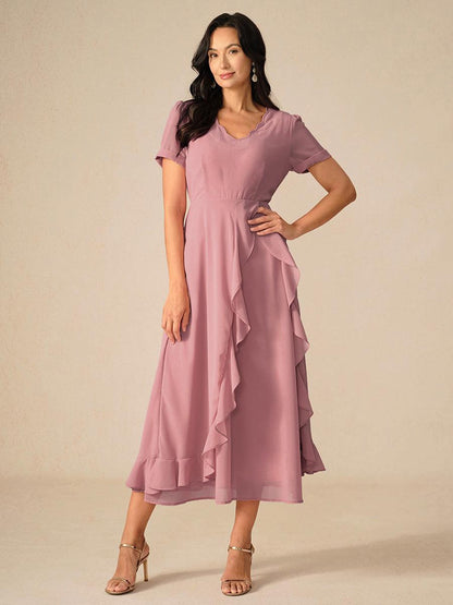 Marineblaues Maxikleid mit asymmetrischem Rüschen und V-Ausschnitt