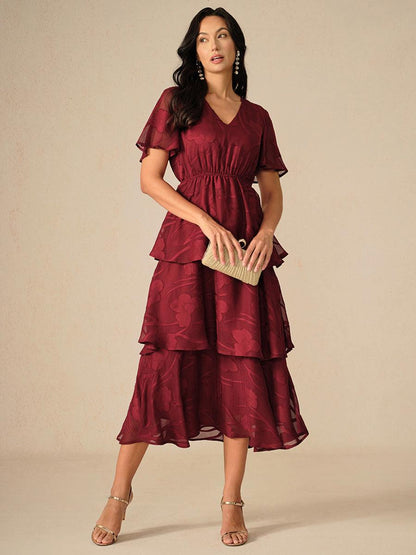 Lace V Neck Ruffle Layered Flutter Dress