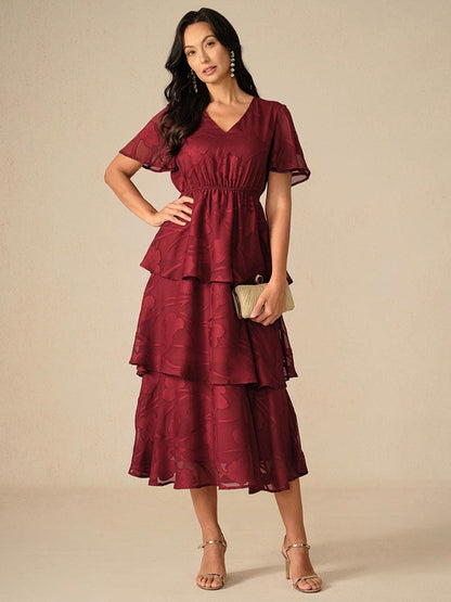Lace V Neck Ruffle Layered Flutter Dress