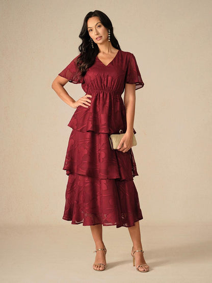 Lace V Neck Ruffle Layered Flutter Dress