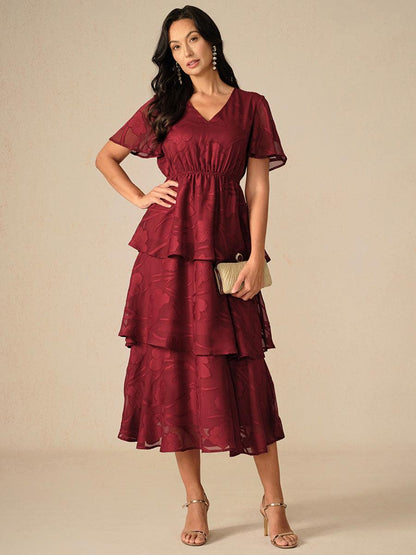 Lace V Neck Ruffle Layered Flutter Dress