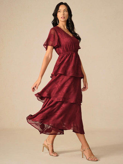 Lace V Neck Ruffle Layered Flutter Dress