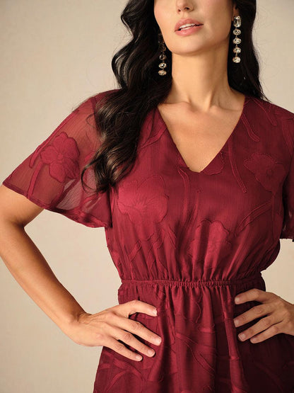 Lace V Neck Ruffle Layered Flutter Dress