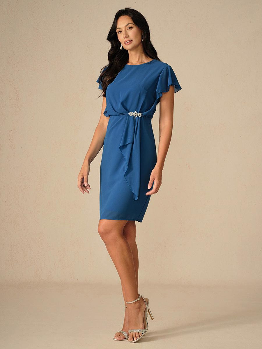 Elegant Blue Sheath Dress with Flutter Sleeves