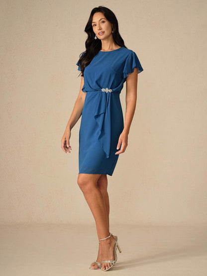 Elegant Blue Sheath Dress with Flutter Sleeves