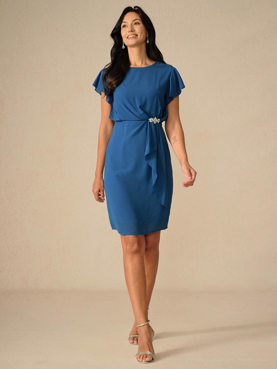 Elegant Blue Sheath Dress with Flutter Sleeves