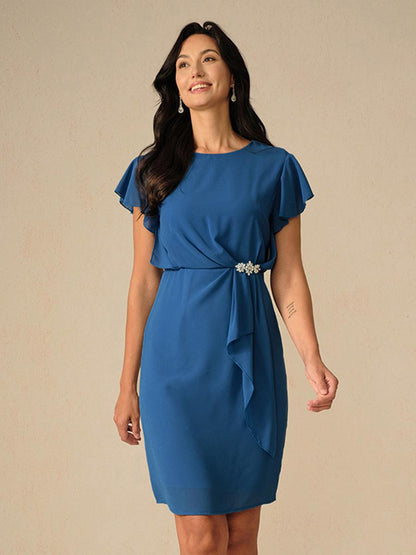 Elegant Blue Sheath Dress with Flutter Sleeves