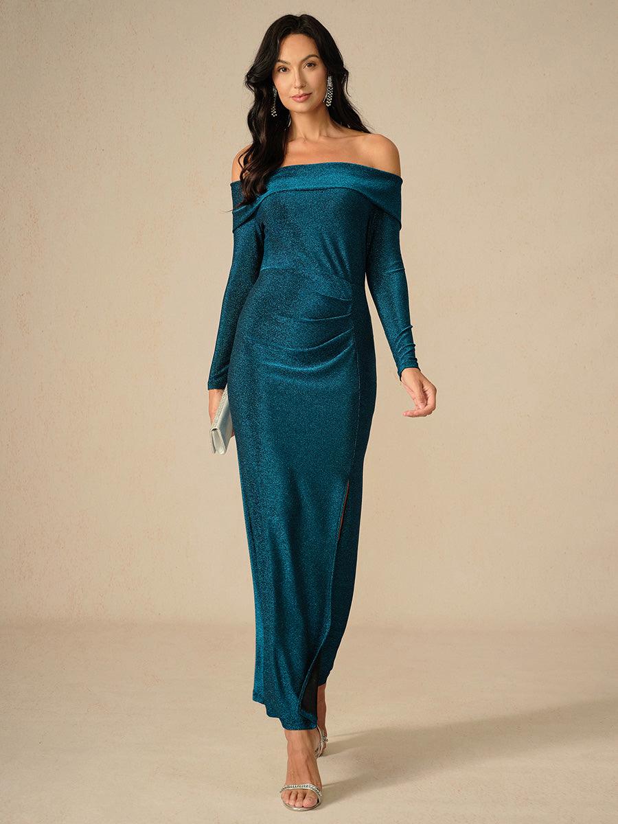 Elegantes, schulterfreies, gerüschtes Kleid in Blaugrün
