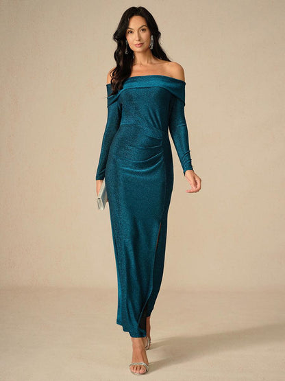 Elegantes, schulterfreies, gerüschtes Kleid in Blaugrün