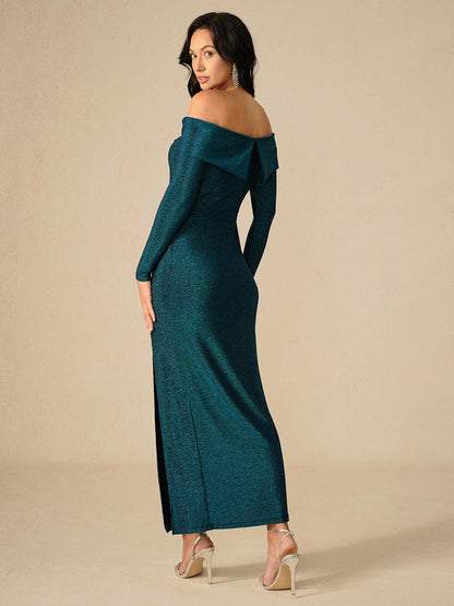 Elegantes, schulterfreies, gerüschtes Kleid in Blaugrün