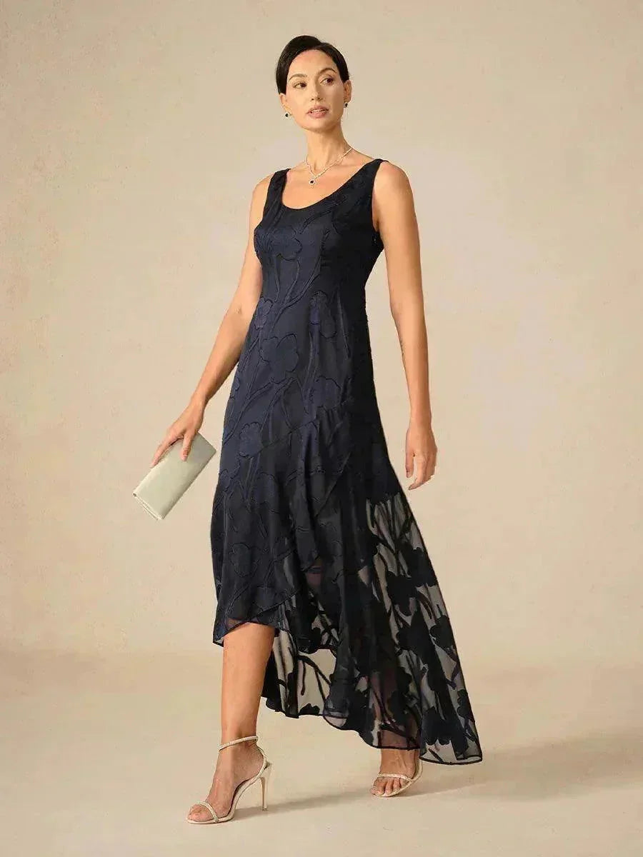 Floral Chiffon Sleeveless Evening Gown with Asymmetrical Hem