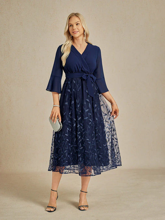 Navy Sequins Mesh Midi Dress