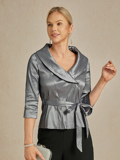 3/4 Sleeve Stretch Taffeta Blouse with Tie Waist Detail