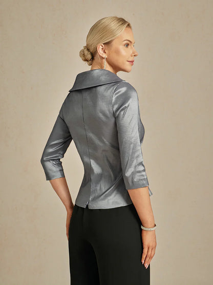 3/4 Sleeve Stretch Taffeta Blouse with Tie Waist Detail