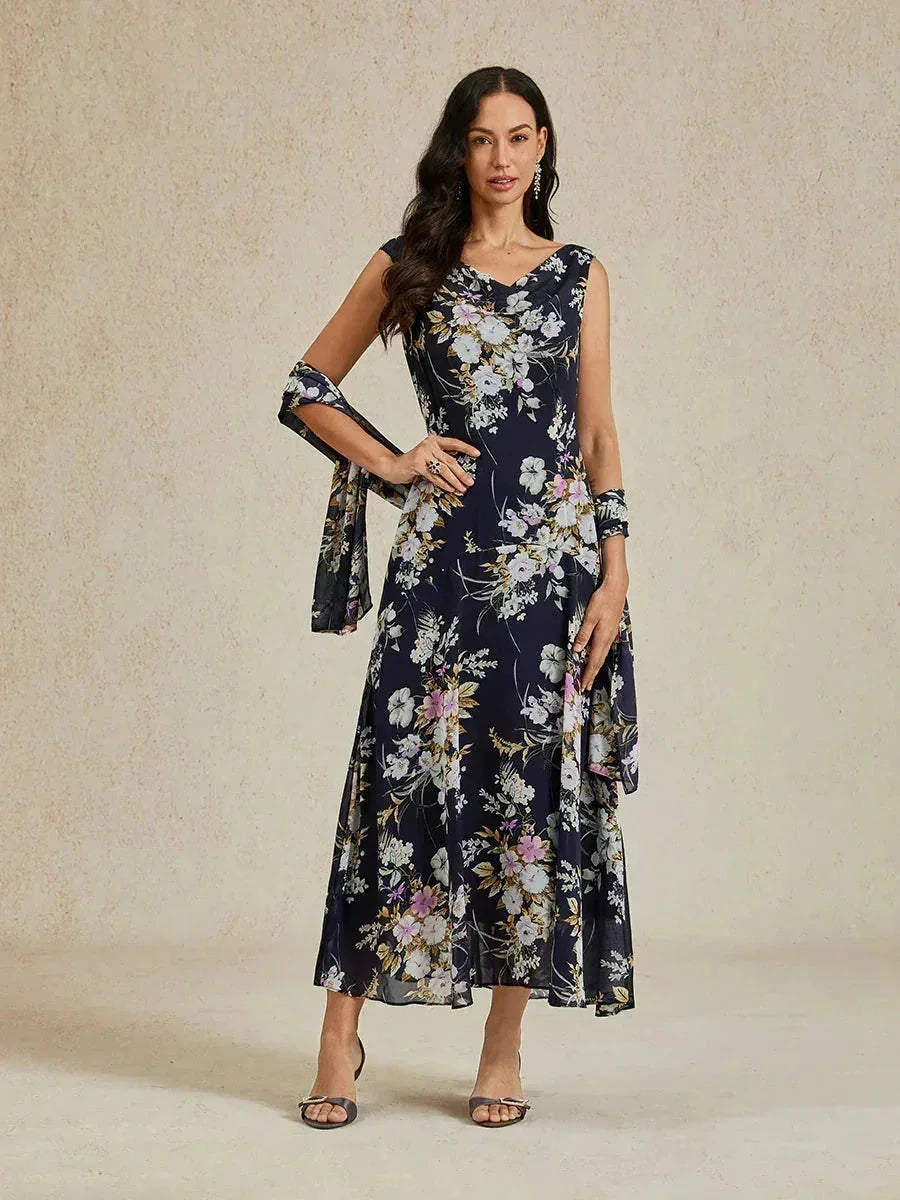 Floral Cowl Neck Tea-Length Dress with Flounce Hem