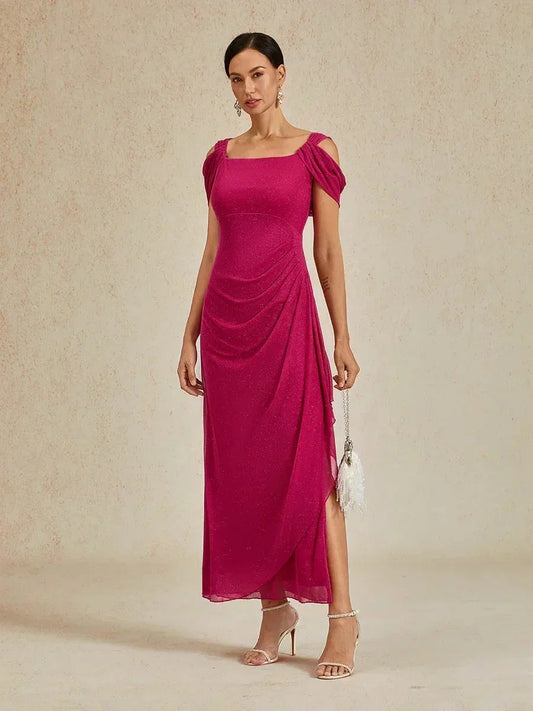 アンクル丈コールドショルダーグリッターメッシュドレス