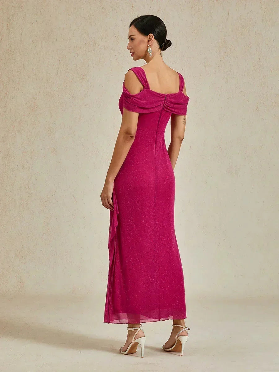 踝長露肩亮片網紗洋裝