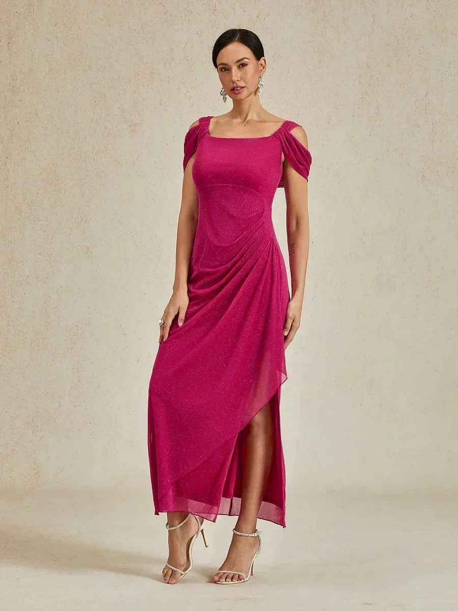 踝長露肩亮片網紗洋裝