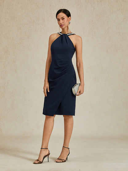 Elegant Sheath Contour Dress with Embellished Halter Neckline