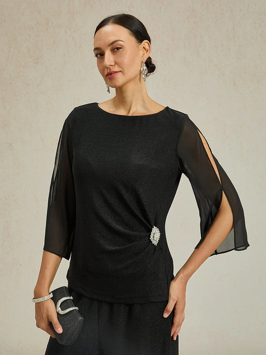 Elegant 3/4 Sleeve Metallic Knit Blouse