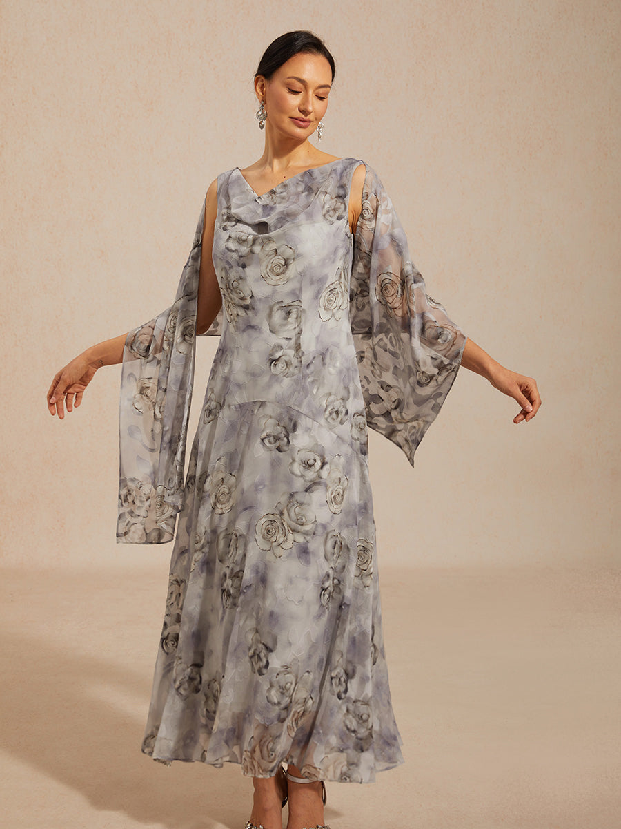 花卉披肩領茶長裙配荷葉邊裙擺