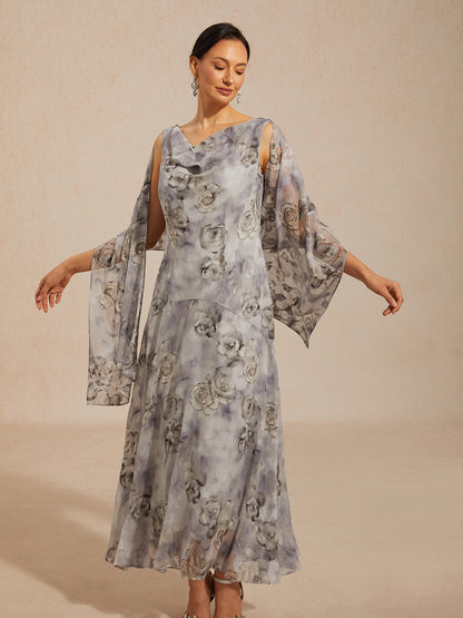 花卉披肩領茶長裙配荷葉邊裙擺