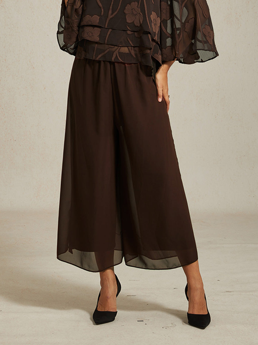 Cropped-Länge Hose mit geradem Bein und Chiffon-Überlagerung mit Beinschlitz
