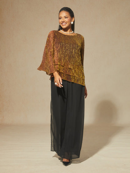 Metallic Pleated Chiffon Asymmetrical Layered Blouse