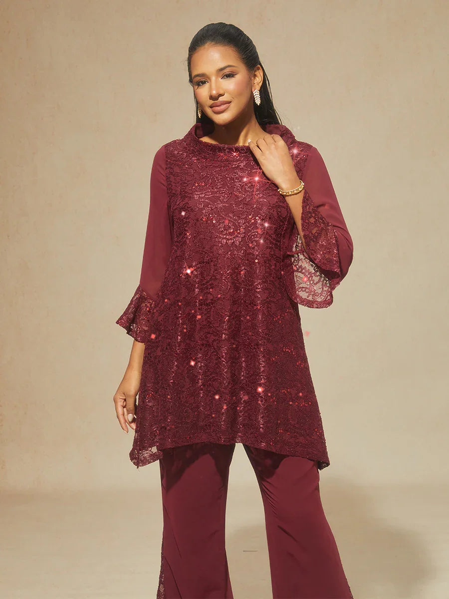 Lace Sequin Tunic Top with Ruffled Sleeves